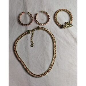 RJ Graziano Pink suede leather weaved gold Necklace Hoop earrings Bracelet set